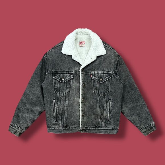 Vintage 80s Levis Sherpa Denim Jacket Faded Black Snap Button Made in USA Medium - Picture 1 of 11